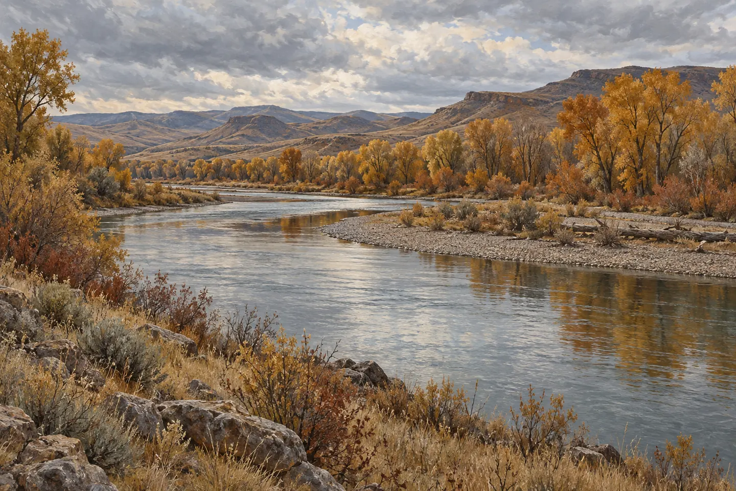Illustration of a broad river bend lined with golden cottonwoods under an overcast sky