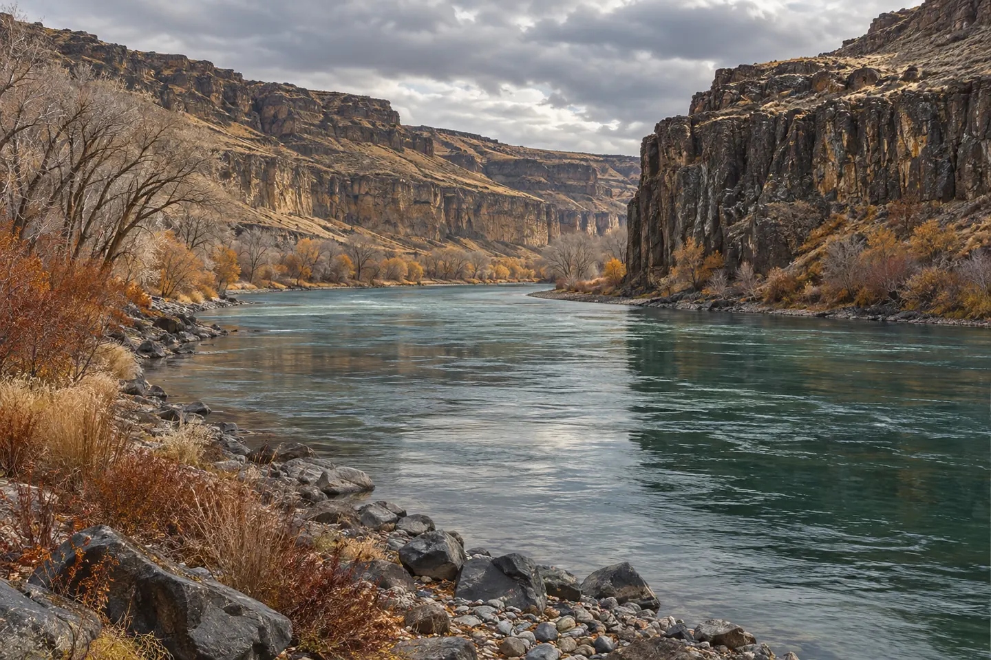 Illustration of a deep-green river corridor between rock walls and late-autumn cottonwoods