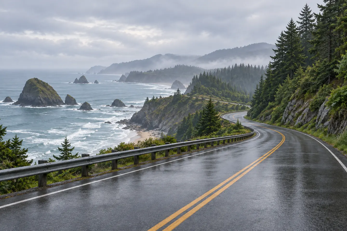 Illustration of a wet two-lane coastal road after rain, with mist along evergreen headlands