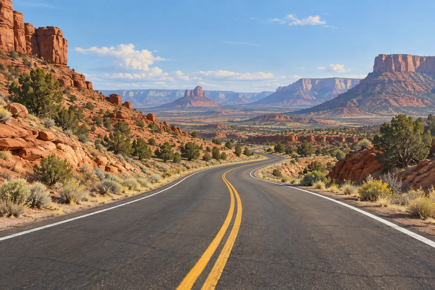 Illustration of a winding two-lane road among red sandstone mesas