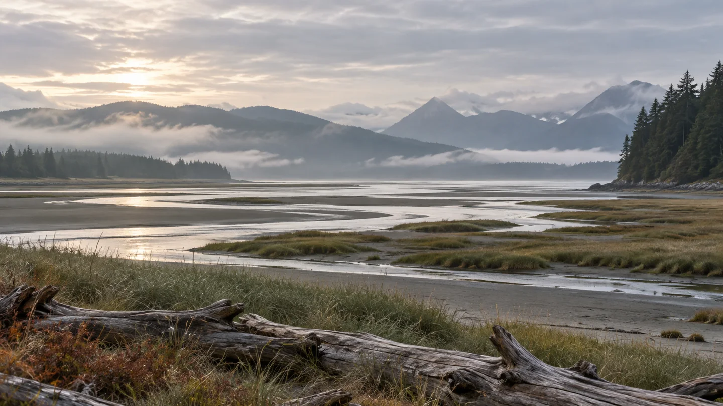 Illustrated estuary landscape