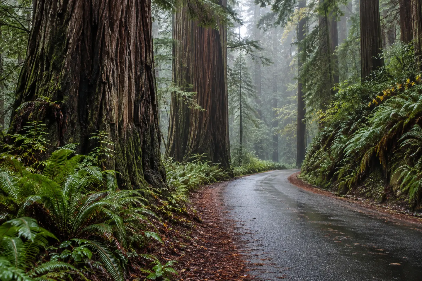 Illustration of a narrow road through misty redwoods and wet fern banks