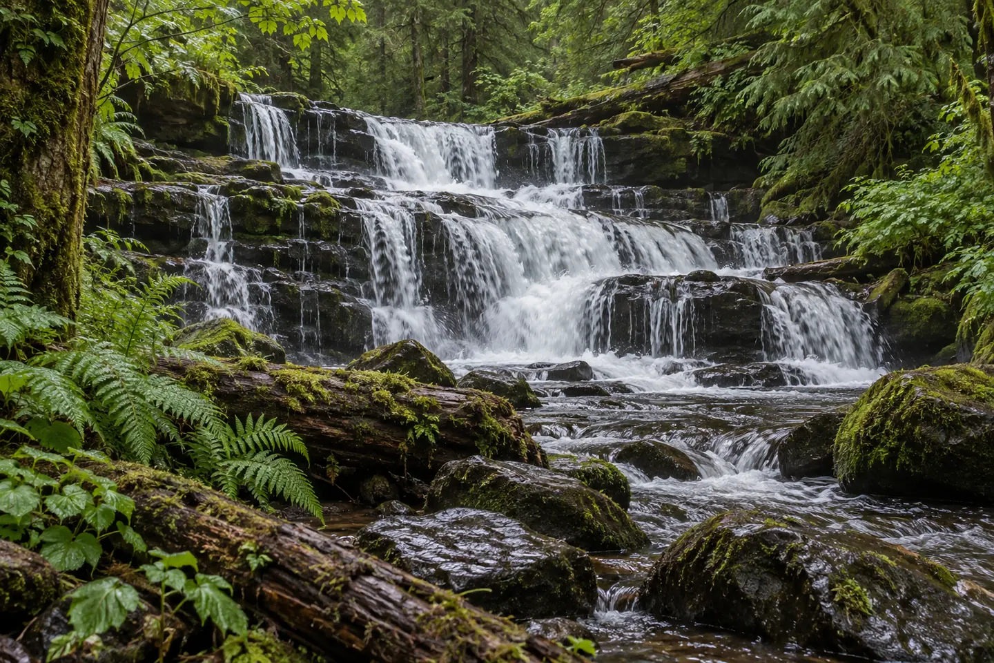 Illustration of a terraced waterfall spilling over mossy rock shelves in a wet spring forest