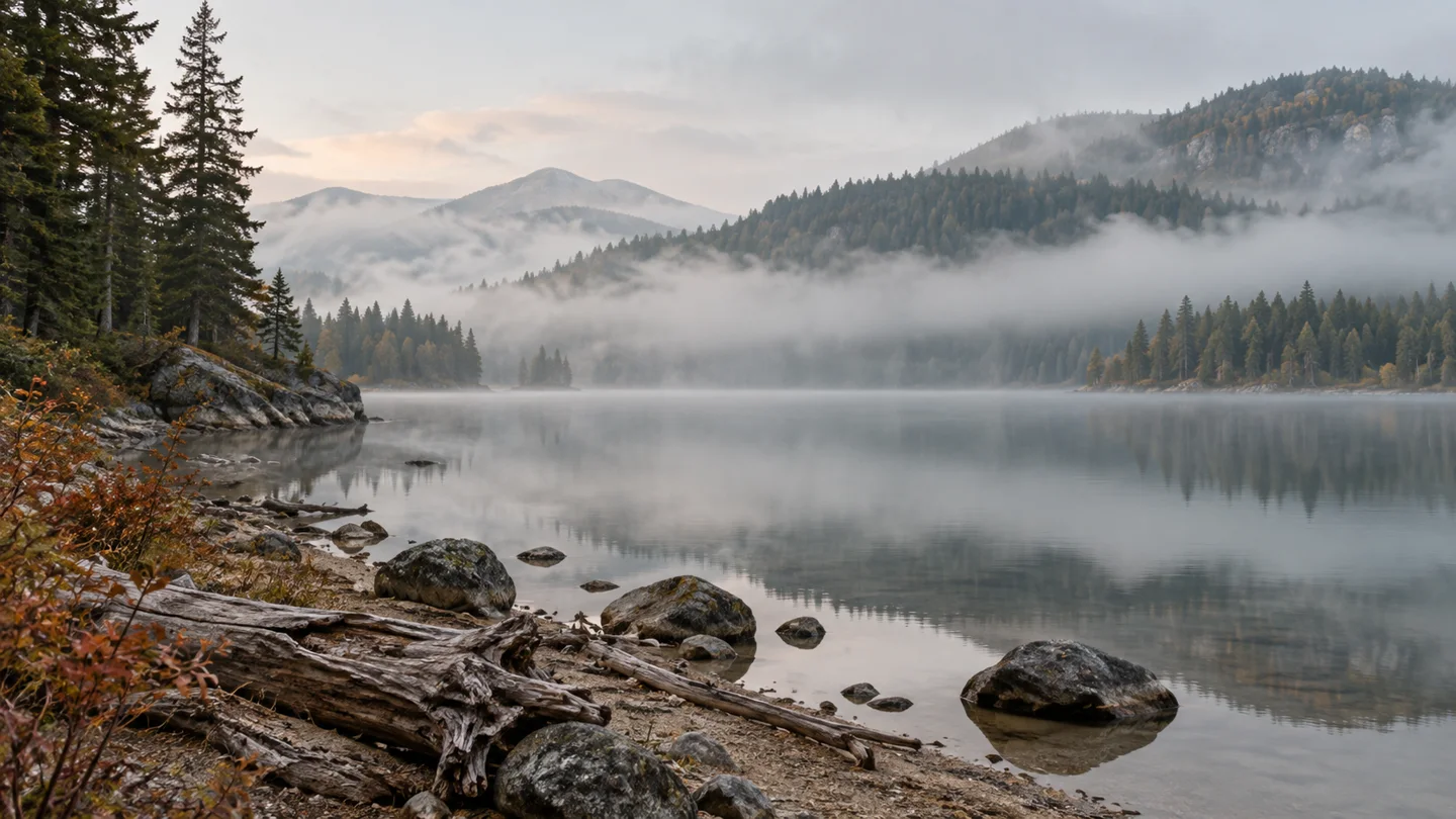 Illustrated lake landscape