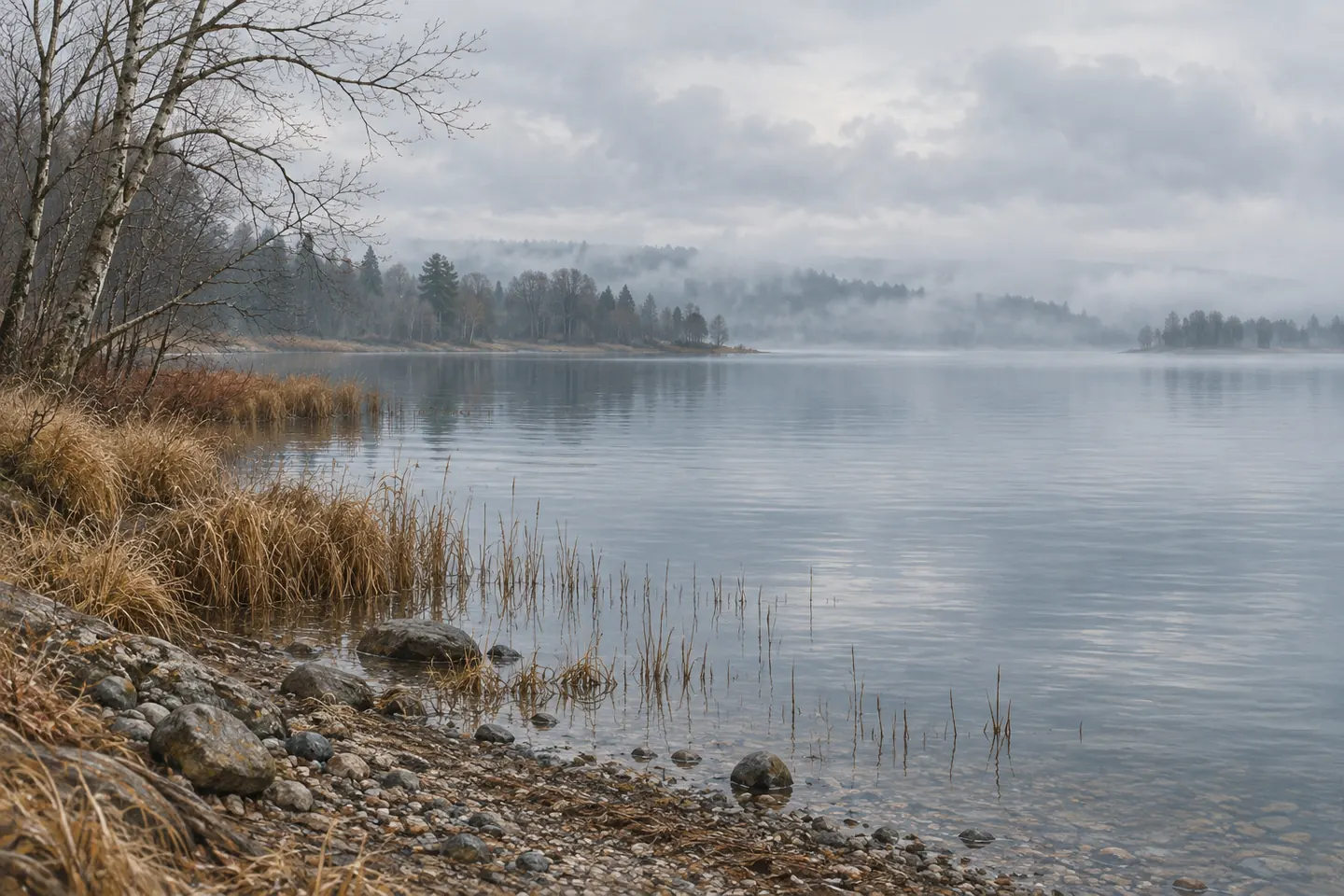 Illustration of a still lake with reeds and bare alders fading into early-spring fog