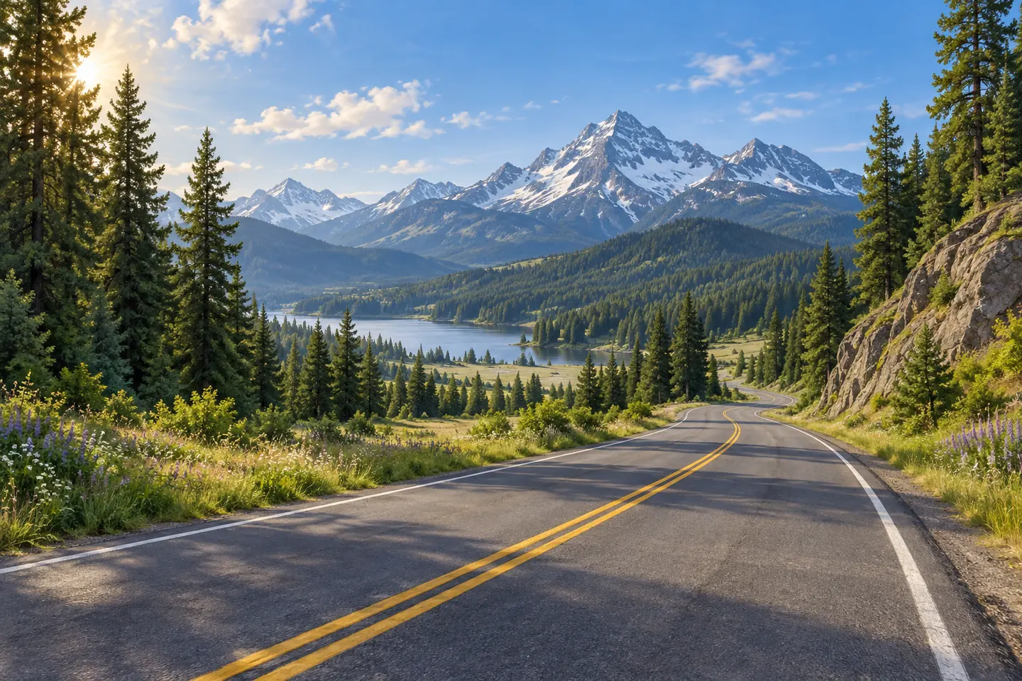 Illustration of a two-lane mountain road through pine forests above a lake