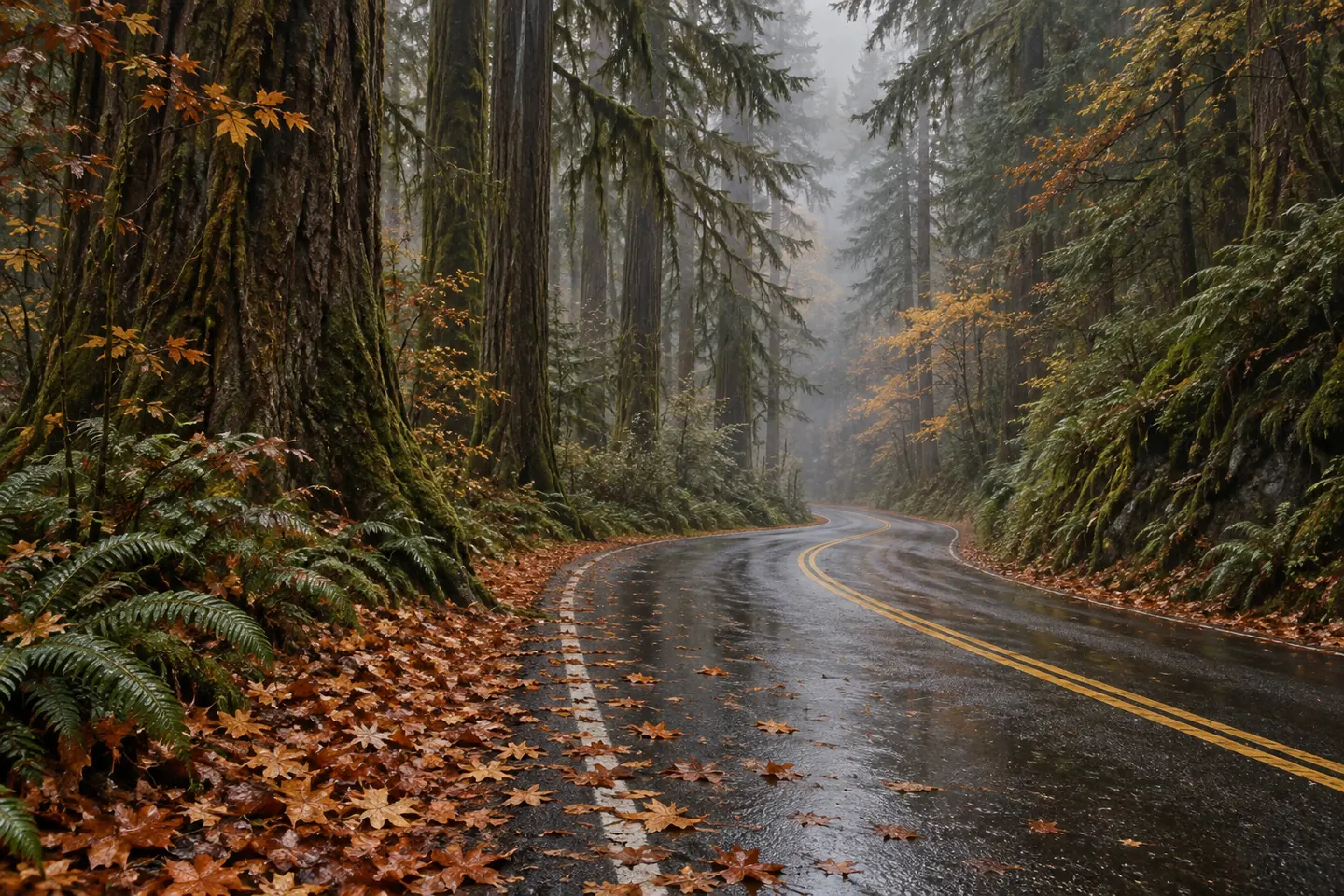 Illustration of a wet forest road with fallen copper leaves and low mist