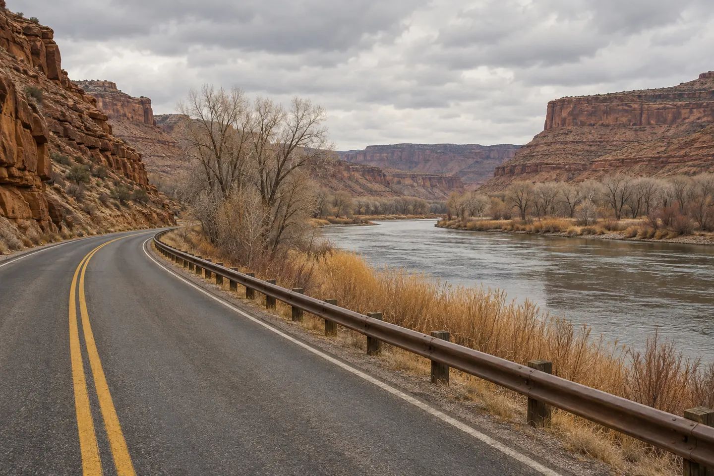 Illustration of a quiet road following a river through an autumn canyon under gray clouds