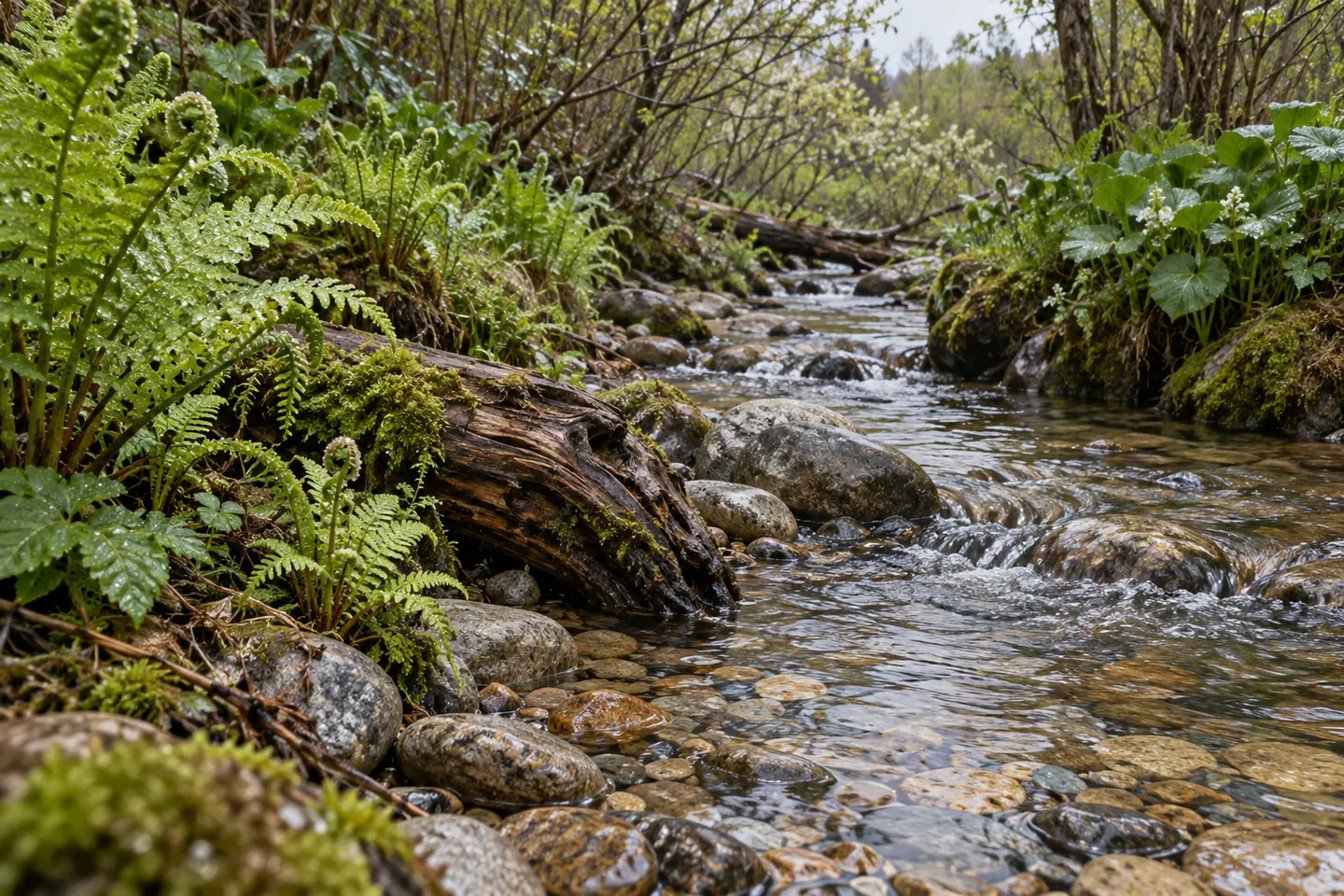 Illustration of a shallow spring stream winding between pebbles and fresh ferns