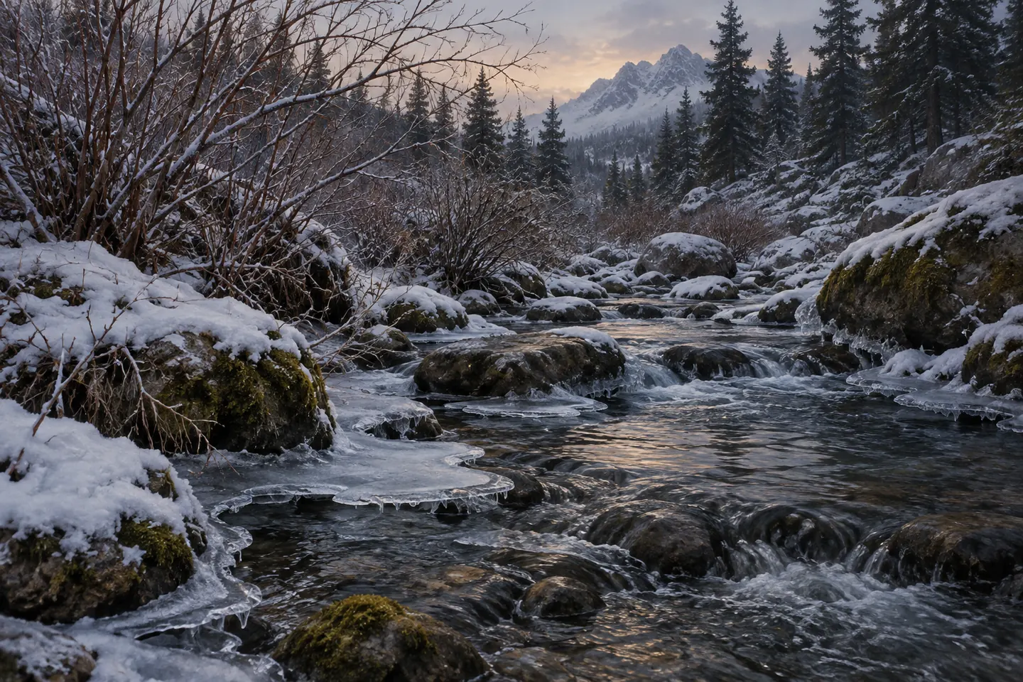 Illustration of an open creek flowing past snow-covered stones and bare winter branches