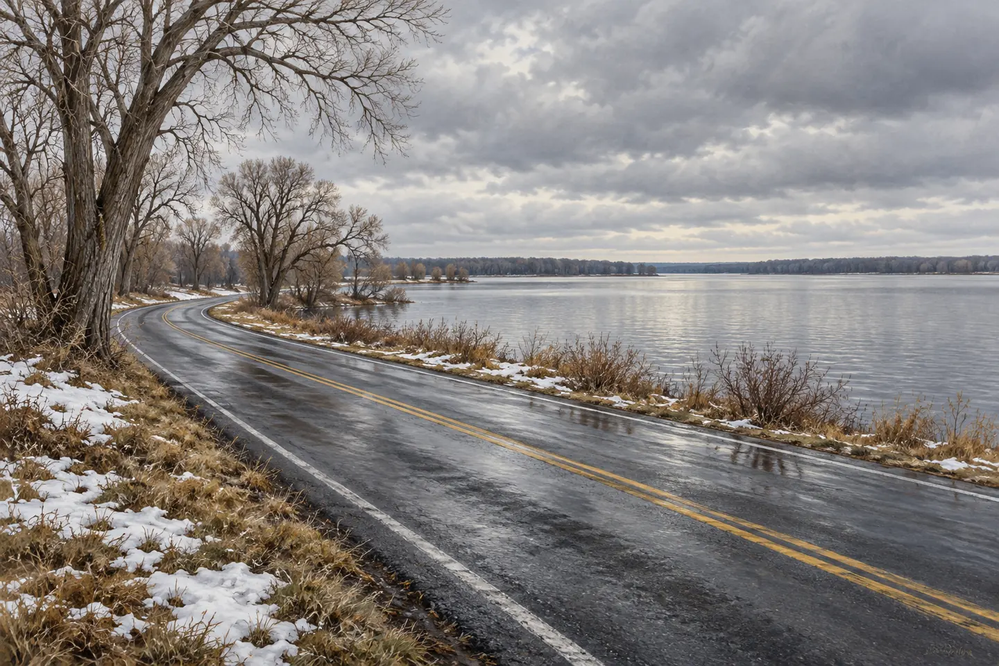 Illustration of a wet lakeshore road bordered by bare trees and patches of melting snow