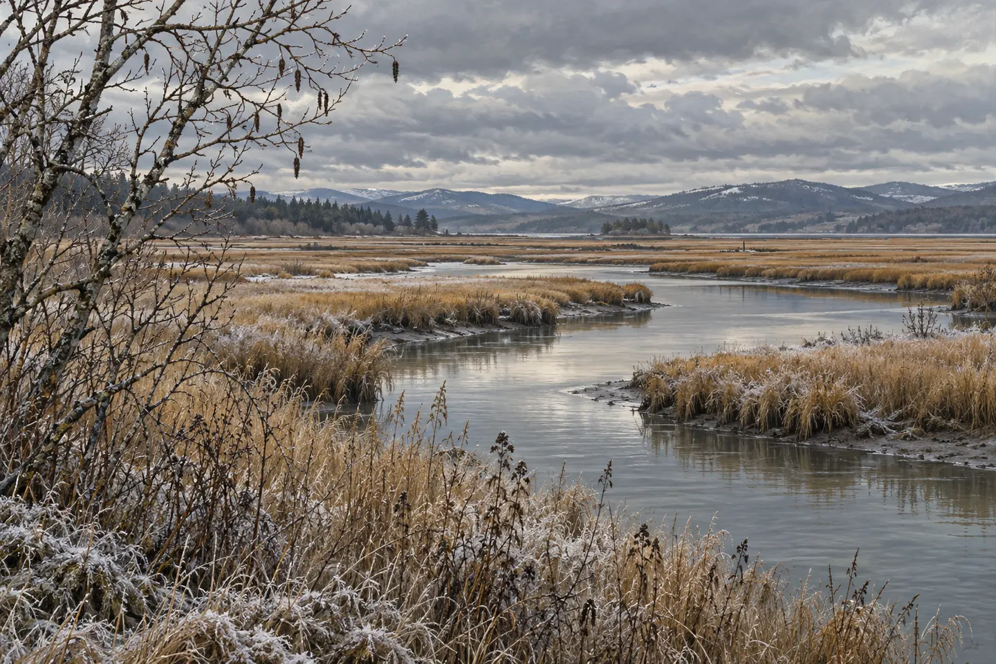 Illustration of a frosty winter marsh with tawny reeds and a winding tidal channel